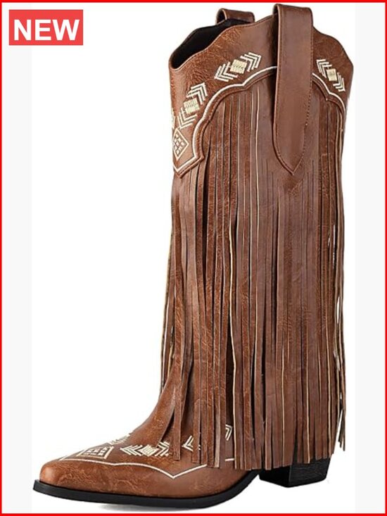 Shoes - Embroidered Fringe Cowboy Boots, Mid Calf Pull On Chunky Block Heel Pointed Toe